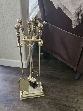 Brass Fireplace Tool Set - Polished Gold Finish